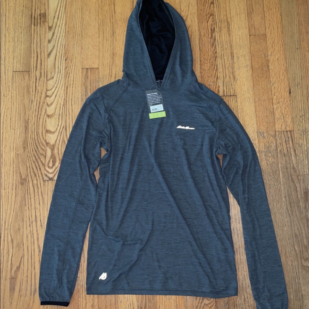 Small hoodie, black heather is the color